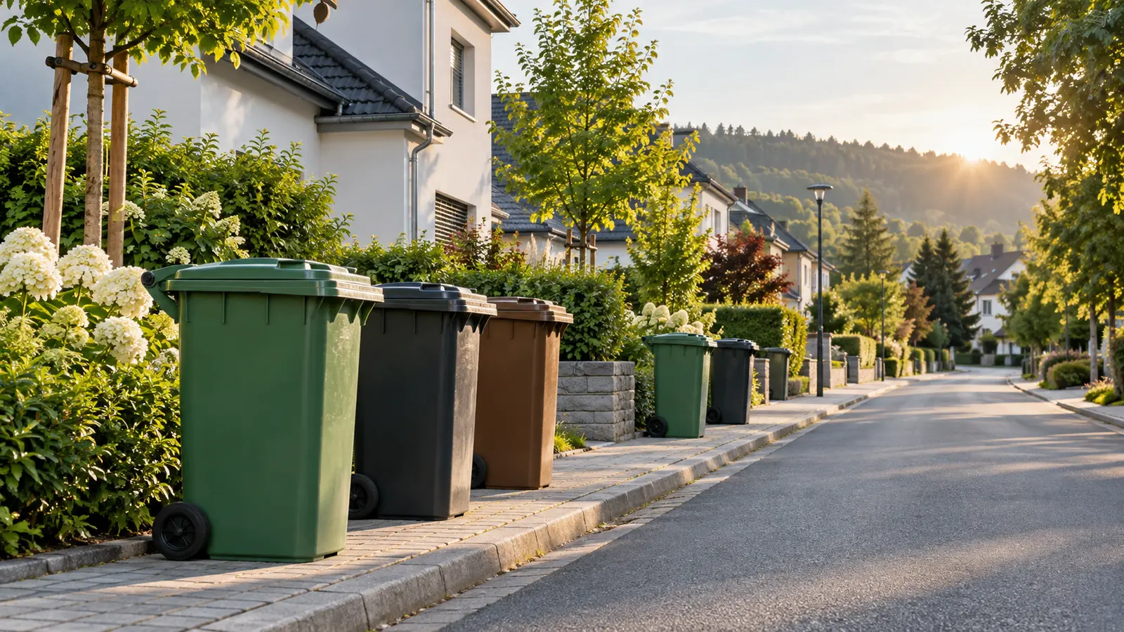 Bereitgestellte Mülltonnen am Abholtag in einer gepflegten Wohnstraße