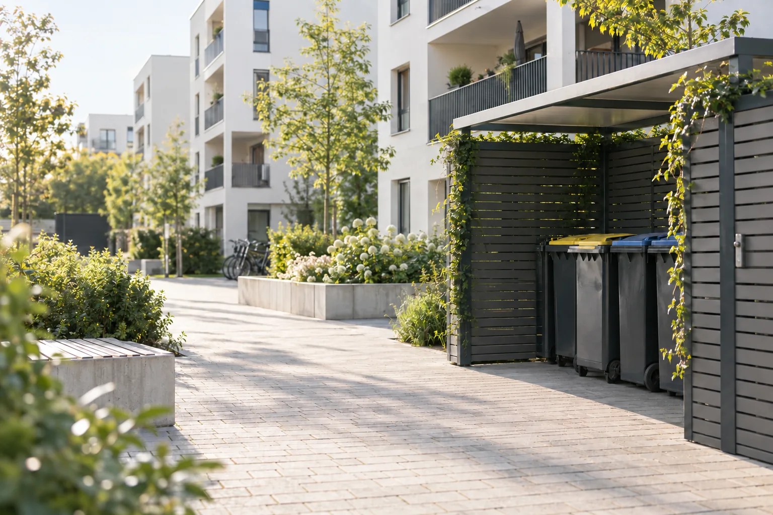 Sauber organisierter Müllplatz einer modernen Wohnanlage
