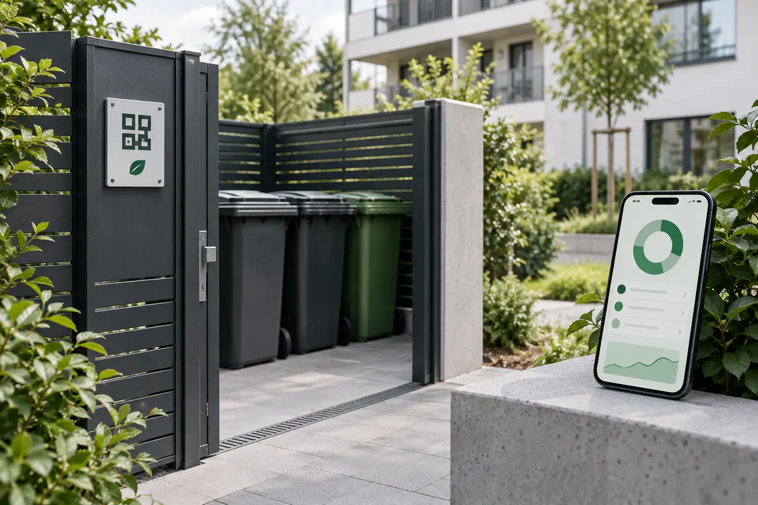 Digitaler Umweltly-Meldepunkt mit QR-Hinweis an einem Müllplatz