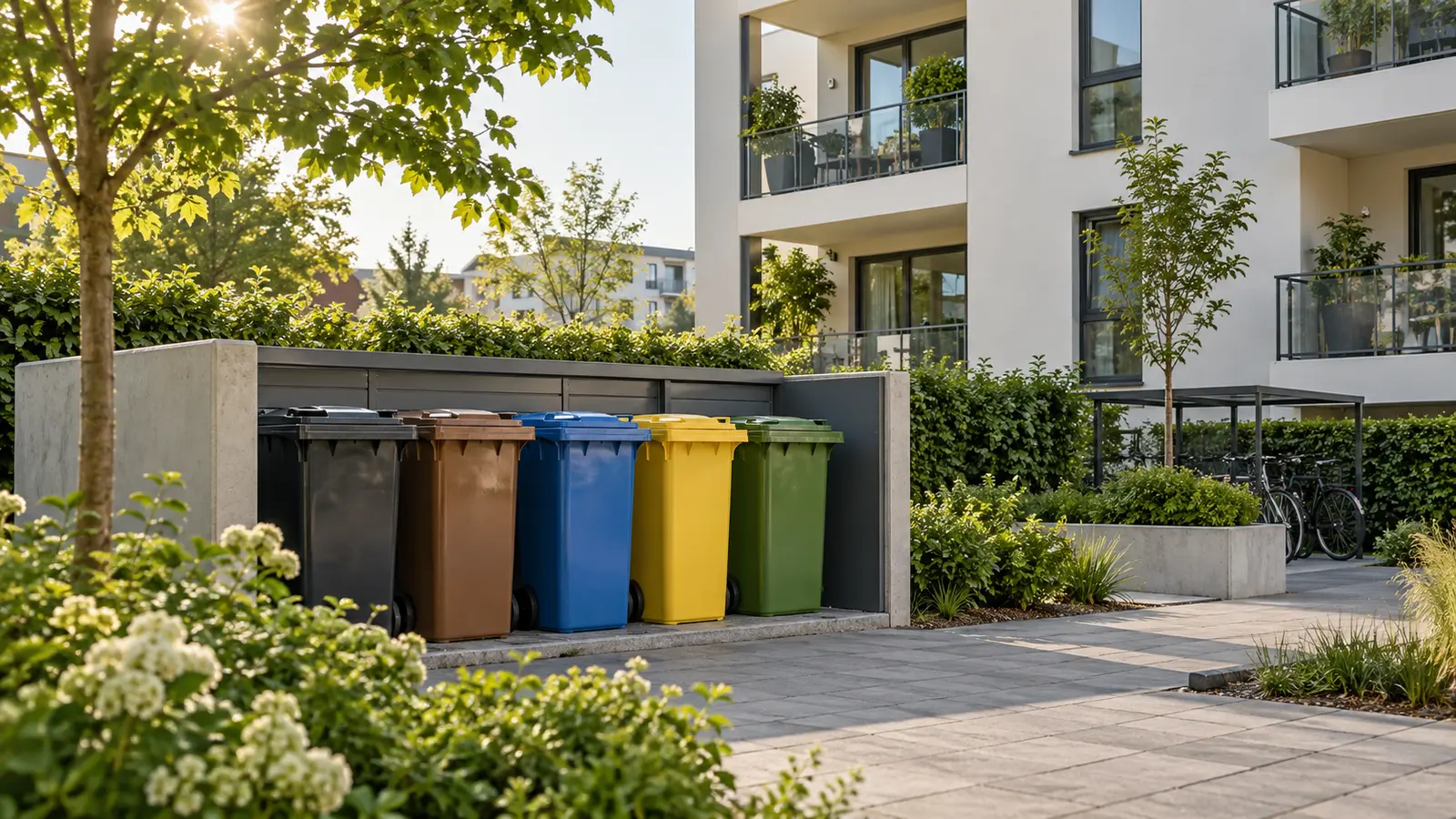 Gepflegter Müllplatz mit sauber aufgestellten Wertstoffbehältern